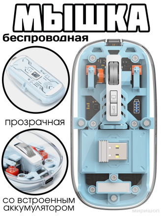 Беспроводная мышка прозрачная со встроенным аккумулятором, синяя