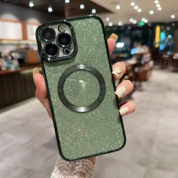 Чехол с блестками, поддержка Magsafe и с защитой камеры для iPhone 15 Pro Max, зеленый