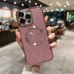 Чехол с блестками, поддержка Magsafe и с защитой камеры для iPhone 15 Plus, розовый