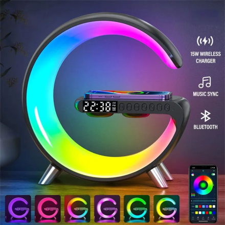 Светодиодный ночник-будильник с RGB подсветкой, мощной колонкой с беспроводной зарядкой и управлением через приложение на смартфоне