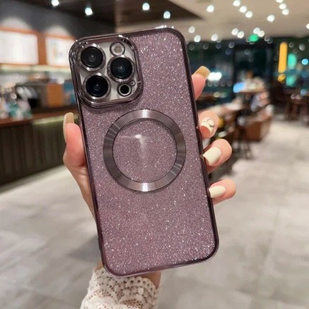 Чехол с блестками, поддержка Magsafe и с защитой камеры для iPhone 15 Pro, фиолетовый
