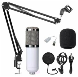 Конденсаторный студийный микрофон JBH BM800 с подставкой, белый с серебром