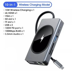 USB HUB 9 в 1 с беспроводной зарядкой - HDMI, RJ-45, USB, audio 3.5, TF/SD, VGA