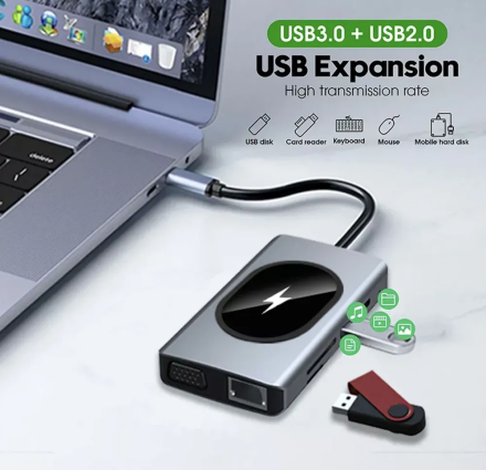 USB HUB 9 в 1 с беспроводной зарядкой - HDMI, RJ-45, USB, audio 3.5, TF/SD, VGA