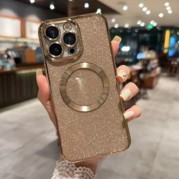Чехол с блестками, поддержка Magsafe и с защитой камеры для iPhone 15 Pro, золотой