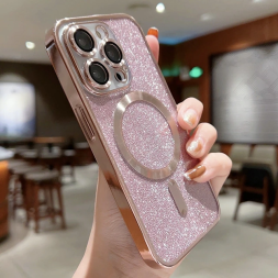 Чехол с блестками, поддержка Magsafe и с защитой камеры для iPhone 13 Pro Max, розовый