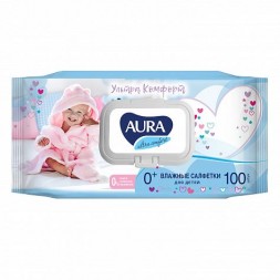 AURA ULTRA COMFORT Влажные салфетки детские 0+ с экстрактом алоэ и витамином Е big-pack с крышкой 100шт