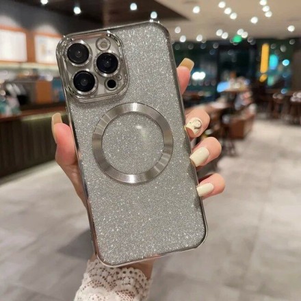 Чехол с блестками, поддержка Magsafe и с защитой камеры для iPhone 15 Pro, серебряный