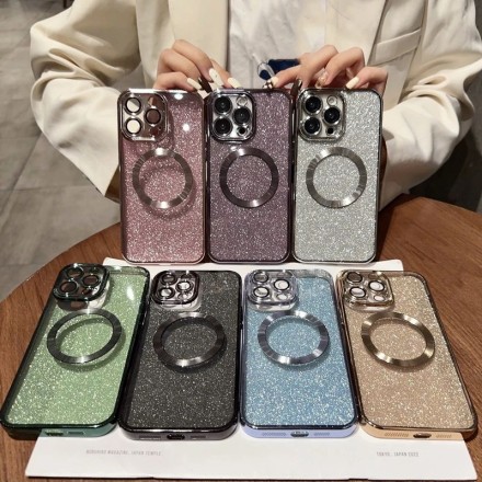 Чехол с блестками, поддержка Magsafe и с защитой камеры для iPhone 15 Pro, серебряный
