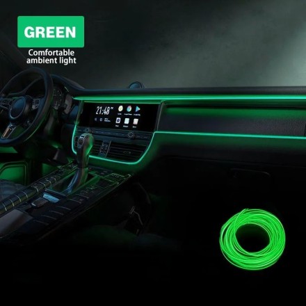 Светодиодная неоновая лента для салона автомобиля, 5 метров от прикуривателя 12В зеленая