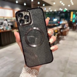 Чехол с блестками, поддержка Magsafe и с защитой камеры для iPhone 15 Pro Max, черный