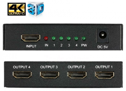 Разветвитель (делитель, сплиттер) HDMI, 1 вход 4 выхода, с питанием