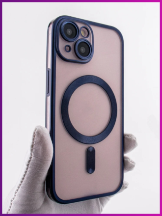 Чехол с поддержкой Magsafe матовый по бокам и с защитой камеры для iPhone 15, темно-синий