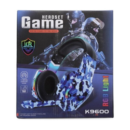 Полноразмерные игровые наушники/гарнитура с микрофоном RGB подсветкой K9600, синий камуфляж