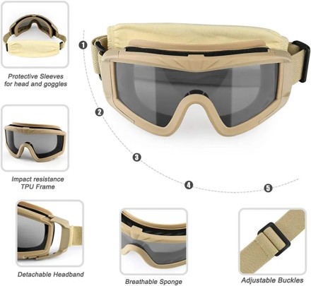 Тактические очки защитные со сменными стеклами, хаки