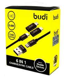 Кабель Budi 6 в 1 USB-C - USB-C со сменными адаптерами Lightning, Micro USB, USB-A, 0,6 м, 2.4А