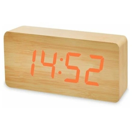 Часы электронные с термометром (жёлтое дерево с оранжевой подсветкой), 21х4х9 см