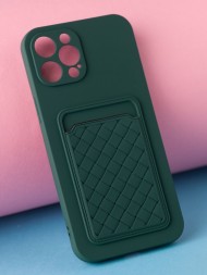 Чехол силиконовый для iPhone 13 Pro Мах с кармашком для карт и защитой камеры, темно-зеленый