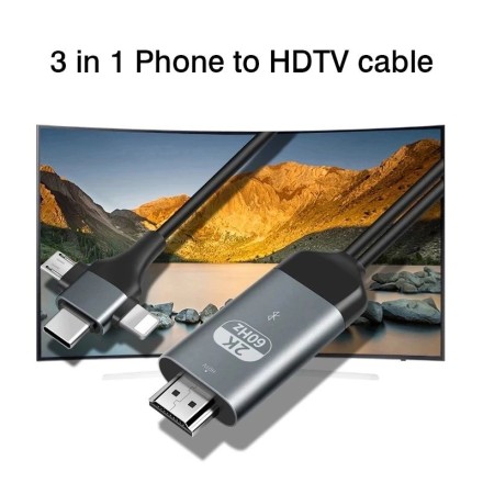 Адаптер HDMI 3в1 2K на Lightning / Micro-USB / Type-C на HDMI (2 метра)