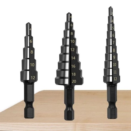 Сверла ступенчатые  с азотным покрытием для дерева и металла 3-12 мм 4-12 мм 4-20 мм