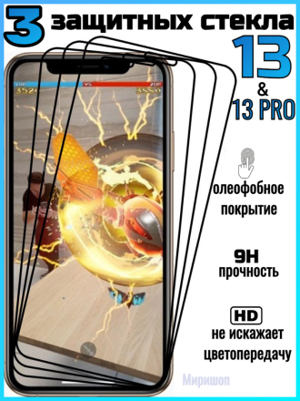 Комплект защитных стекол для iPhone 13/13 PRO , чёрный (3 шт)