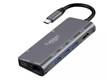 Гипер Хаб 8 в 1 Earldom ET-W21 Type-C - 3 порта USB 3.0 + 4K HD + RJ45 + TYPE-C PD + TF + ПОРТЫ ДЛЯ считывания карт SD