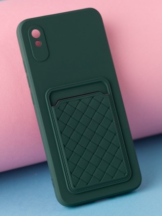 Чехол силиконовый для Xiaomi Redmi 9A с кармашком для карт и защитой камеры, темно-зеленый