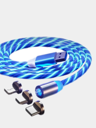 Светящийся магнитный кабель три в одном Micro-USB Type-C Lightning коннекторы, синий