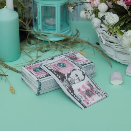 Необычные салфетки бумажные в виде денег 50 долларов с рисунком - на свадьбу, юбилей и день рождения