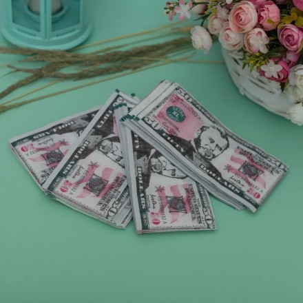 Необычные салфетки бумажные в виде денег 50 долларов с рисунком - на свадьбу, юбилей и день рождения