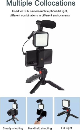 Комплект штатив для видеоблога AY-49 с микрофоном и подсветкой для прямых трансляций