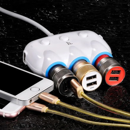 Разветвитель прикуривателя 12-24V на 3 гнезда +2 USB 150Вт 12A с кнопками включения/выключения