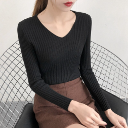Женский трикотажный свитер с V образным вырезом, размер S, черный