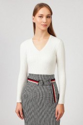 Женский трикотажный свитер с V образным вырезом, размер S, белый