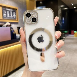 Чехол с поддержкой Magsafe и с защитой камеры для iPhone 15 Plus, серебряный