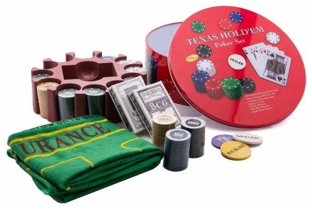 Набор для покера Texas Holdem в жестяной коробке, 240 фишек с номиналом/Сукно в подарок
