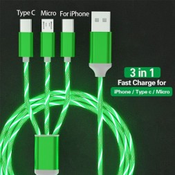 Светящийся кабель 3 в 1 для iPhone и Android, зеленый