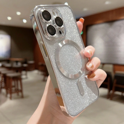 Чехол с блестками, поддержка Magsafe и с защитой камеры для iPhone 14 Pro, серебристый
