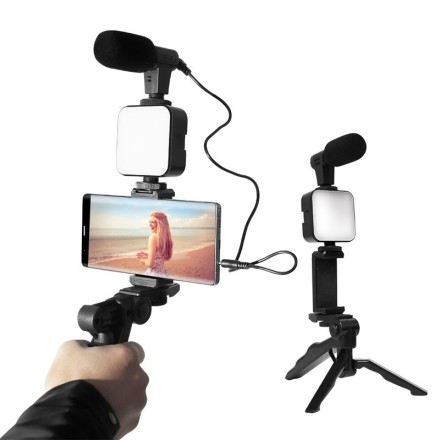 Комплект штатив для видеоблога KD49 с микрофоном и подсветкой для прямых трансляций