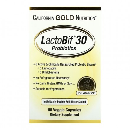 California Gold Nutrition, Пробиотики LactoBif, пробиотики, 30 миллиардов КОЕ, 60 растительных капсул