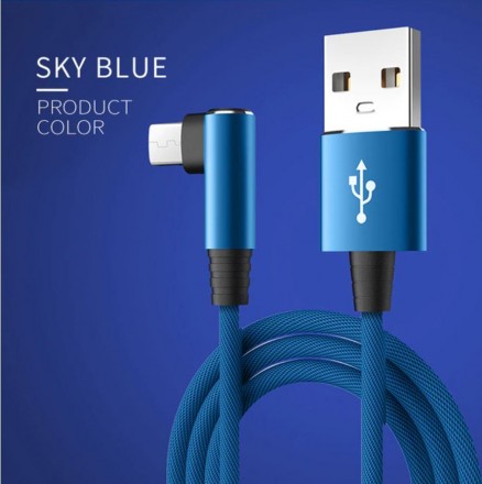 Кабель нейлоновый для быстрой зарядки Micro USB с углом 90 градусов, синий (1 м)