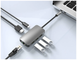 USB Type-C HUB ELfoC LM3123-35-6 Хаб 6 в 1, разветвитель, концентратор HDMI (4K30Hz) + USB3.0x3 + PD100W USB C + RJ45 Task Force (1000Mb)