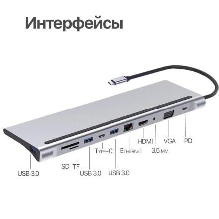 Многофункциональный концентратор TYPE-C 11-в-1 USB-C, USB 3.0, PD, RJ45, HDMI, VGA, SD-TF, AUX