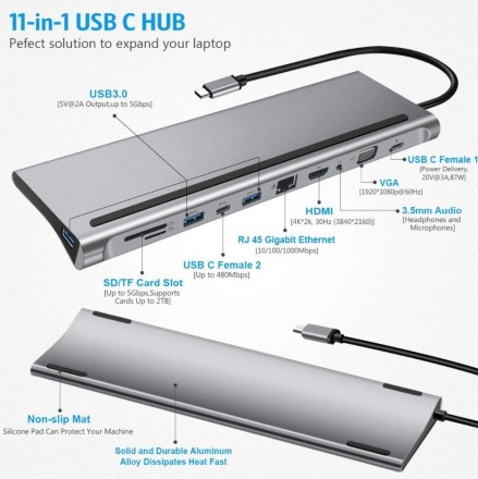 Многофункциональный концентратор TYPE-C 11-в-1 USB-C, USB 3.0, PD, RJ45, HDMI, VGA, SD-TF, AUX